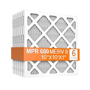 Anycore 10x10x1 AC Furnace Air Filter, 6 Pack MPR 600 MERV 8 Pleated HVAC AC Filter (exact dimensions 9.81x9.81x0.81 inch)