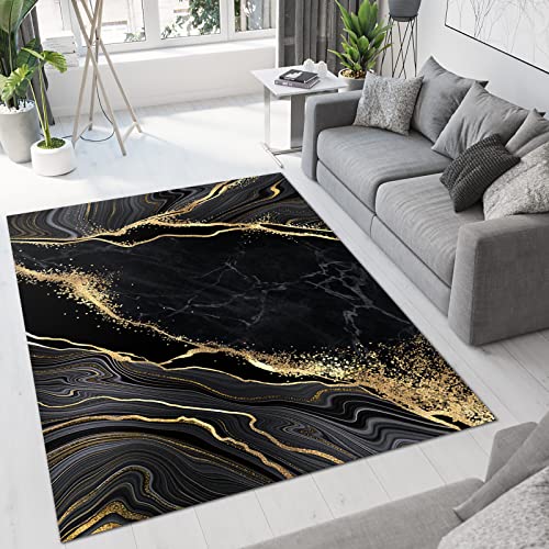 Luxury Black Gold Marble Area Rug, Abstract Night Sky Grey Line Art Indoor Rugs, Non-Slip Machine Washable Carpet for Living Room Bedroom Apartment Home Decor - 3 ft x 2 ft