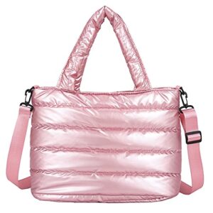 ovida women puffer tote bag puffy shoulder bag quilted top-handle crossbody bag down cotton padded tote handbag with zipper (pink)