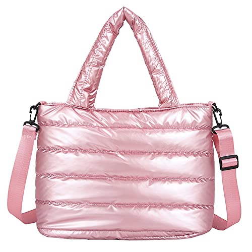 Ovida Women Puffer Tote Bag Puffy Shoulder Bag Quilted Top-Handle Crossbody Bag Down Cotton Padded Tote Handbag with Zipper (Pink)