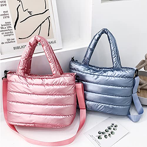 Ovida Women Puffer Tote Bag Puffy Shoulder Bag Quilted Top-Handle Crossbody Bag Down Cotton Padded Tote Handbag with Zipper (Pink)