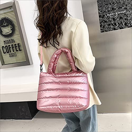 Ovida Women Puffer Tote Bag Puffy Shoulder Bag Quilted Top-Handle Crossbody Bag Down Cotton Padded Tote Handbag with Zipper (Pink)