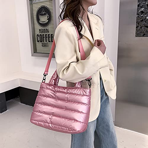 Ovida Women Puffer Tote Bag Puffy Shoulder Bag Quilted Top-Handle Crossbody Bag Down Cotton Padded Tote Handbag with Zipper (Pink)