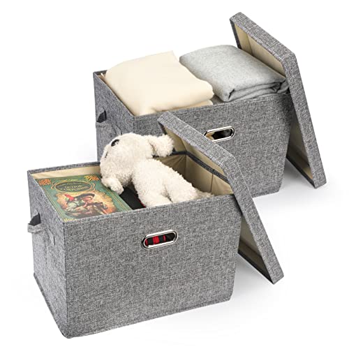 FYY Storage Bins with Lids, 2 Pack Collapsible Linen Fabric Storage Box Closet Organizer Baskets Containers Cube with Handle for Home Bedroom Office Nursery (14.6 x 10.6 x 10.2) Grey