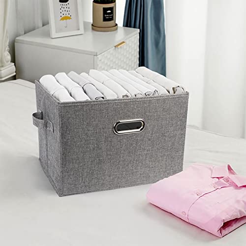 FYY Storage Bins with Lids, 2 Pack Collapsible Linen Fabric Storage Box Closet Organizer Baskets Containers Cube with Handle for Home Bedroom Office Nursery (14.6 x 10.6 x 10.2) Grey