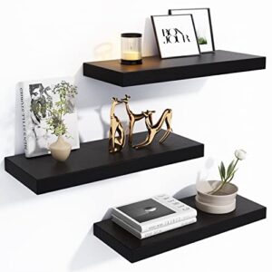 fixwal floating shelves black, set of 3 wall shelves with invisible brackets for bedroom, bathroom, living room, kitchen