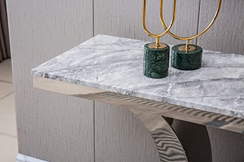 SSLine Modern Silver Console Table Luxury Grey Genuine Marble Console Table with Mirrored Stainless Steel Pedestal Base 50" Rectangular Entryway Hall Tables for Living Room Hallway