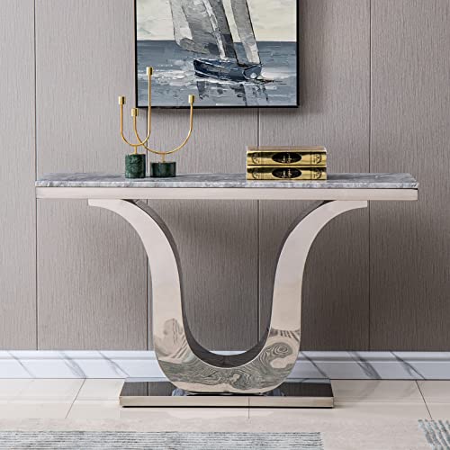 SSLine Modern Silver Console Table Luxury Grey Genuine Marble Console Table with Mirrored Stainless Steel Pedestal Base 50" Rectangular Entryway Hall Tables for Living Room Hallway