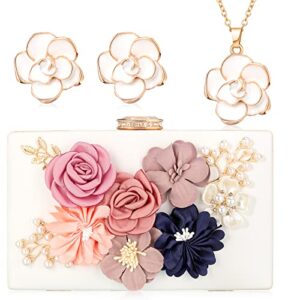 4 pieces flower clutch purse with rose flower necklace earrings set for women girls wedding floral evening bags bride clutch bridal handbag for party
