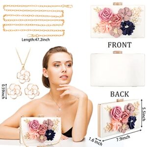 4 Pieces Flower Clutch Purse with Rose Flower Necklace Earrings Set for Women Girls Wedding Floral Evening Bags Bride Clutch Bridal Handbag for Party