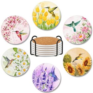 vaatoo pack 6 coasters hummingbird flower absorbent ceramic coasters with cork base drink square single coaster coffee table cup car kitchen decor birthday gifts for family women adults