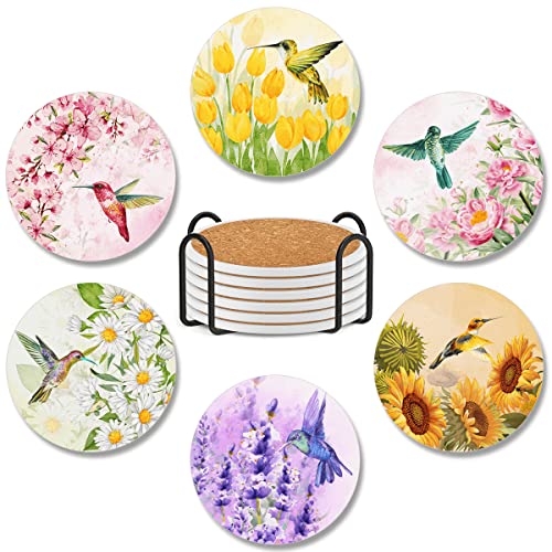 VAATOO Pack 6 Coasters Hummingbird Flower Absorbent Ceramic Coasters with Cork Base Drink Square Single Coaster Coffee Table Cup Car Kitchen Decor Birthday Gifts for Family Women Adults