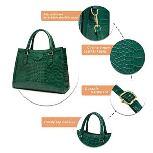 JHVYF Women Work Purses Satchel Crocodile Pattern Shoulder Bag Lady Retro Large Tote Bags Fashion Faux Patent Leather Top Handle Handbags with Matching Clutch 2pcs Set Green