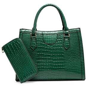 jhvyf women work purses satchel crocodile pattern shoulder bag lady retro large tote bags fashion faux patent leather top handle handbags with matching clutch 2pcs set green