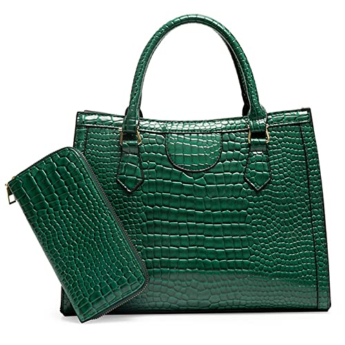 JHVYF Women Work Purses Satchel Crocodile Pattern Shoulder Bag Lady Retro Large Tote Bags Fashion Faux Patent Leather Top Handle Handbags with Matching Clutch 2pcs Set Green