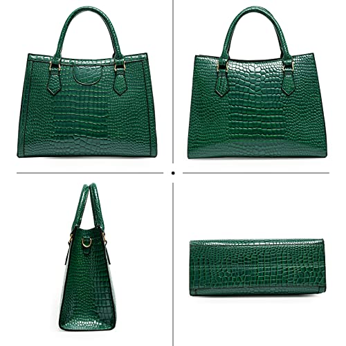 JHVYF Women Work Purses Satchel Crocodile Pattern Shoulder Bag Lady Retro Large Tote Bags Fashion Faux Patent Leather Top Handle Handbags with Matching Clutch 2pcs Set Green