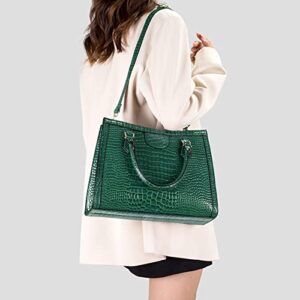 JHVYF Women Work Purses Satchel Crocodile Pattern Shoulder Bag Lady Retro Large Tote Bags Fashion Faux Patent Leather Top Handle Handbags with Matching Clutch 2pcs Set Green