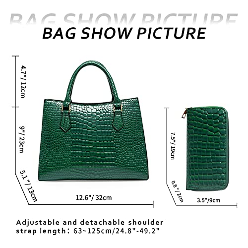 JHVYF Women Work Purses Satchel Crocodile Pattern Shoulder Bag Lady Retro Large Tote Bags Fashion Faux Patent Leather Top Handle Handbags with Matching Clutch 2pcs Set Green