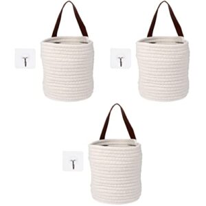 alipis 3 pcs wall bin for storage sundries with rope decor adhesive toys white clo office plant cotton hand-woven hanging cabinet container decoration seagrass garden flower woven
