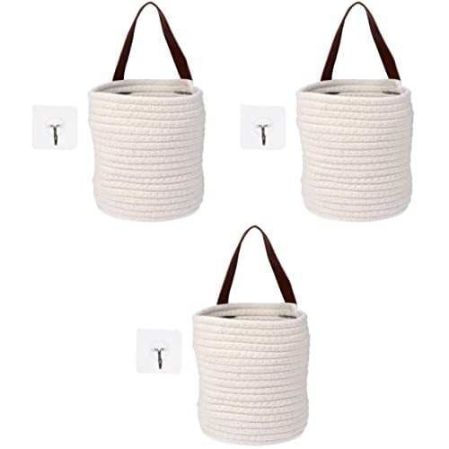 Alipis 3 pcs Wall Bin for Storage Sundries with Rope Decor Adhesive Toys White Clo Office Plant Cotton Hand-woven Hanging Cabinet Container Decoration Seagrass Garden Flower Woven