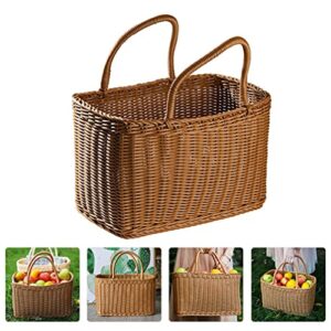 Milisten Picnic Handwoven Basket with Handles: Plastic Shopping Basket Decorative, Reusable Grocery Bag Woven Straw Tote Bag ForHome Outdoor Vegetables Fruit