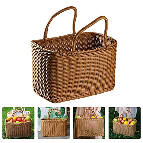 Milisten Picnic Handwoven Basket with Handles: Plastic Shopping Basket Decorative, Reusable Grocery Bag Woven Straw Tote Bag ForHome Outdoor Vegetables Fruit