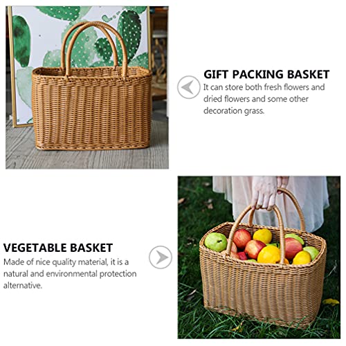 Milisten Picnic Handwoven Basket with Handles: Plastic Shopping Basket Decorative, Reusable Grocery Bag Woven Straw Tote Bag ForHome Outdoor Vegetables Fruit