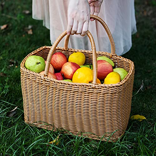 Milisten Picnic Handwoven Basket with Handles: Plastic Shopping Basket Decorative, Reusable Grocery Bag Woven Straw Tote Bag ForHome Outdoor Vegetables Fruit