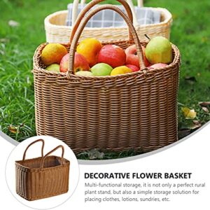 Milisten Picnic Handwoven Basket with Handles: Plastic Shopping Basket Decorative, Reusable Grocery Bag Woven Straw Tote Bag ForHome Outdoor Vegetables Fruit