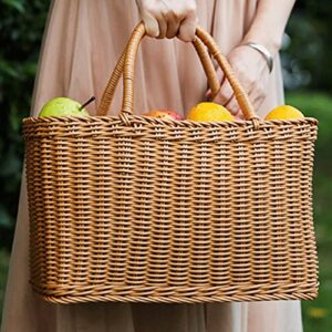 Milisten Picnic Handwoven Basket with Handles: Plastic Shopping Basket Decorative, Reusable Grocery Bag Woven Straw Tote Bag ForHome Outdoor Vegetables Fruit