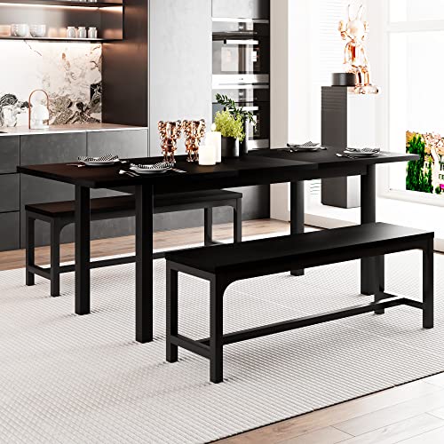 Feonase 3-Piece 63" Dining Table Set with 2 Benches, XL Large Extendable Kitchen Table Set for 6-8 People, Dining Room Table with Metal Frame and Solid MDF Wood Board, Easy Assembly, Black