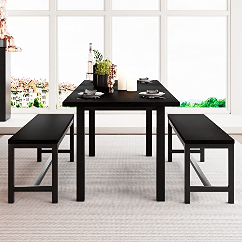 Feonase 3-Piece 63" Dining Table Set with 2 Benches, XL Large Extendable Kitchen Table Set for 6-8 People, Dining Room Table with Metal Frame and Solid MDF Wood Board, Easy Assembly, Black