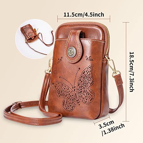 PCORES Crossbody Cell Phone Purse for Women, Mini Leather Cute Butterfly Pattern Bag, Lightweight Purse for Ladies Girls (Coffee)