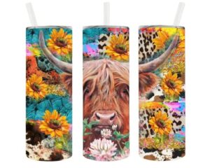 highland cow floral tumbler sublimation wrap – ready to press sunflower transfer – cows, 20 oz straight tumbler, tumbler transfer, farm