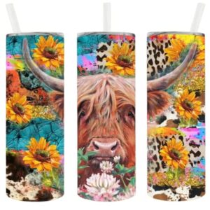 Highland Cow Floral Tumbler Sublimation Wrap - Ready to Press Sunflower Transfer - Cows, 20 oz Straight Tumbler, Tumbler Transfer, Farm