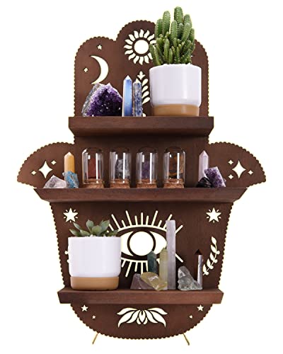 LIFVEAN Hamsa Wall Decor Crystal Display Shelf for Evil Eye Wall Decor, Crystal Holder for Stones Display, Crystal Room Decor for Zen Wall Decor Gift for Witch (16.5 x 12.5 in)