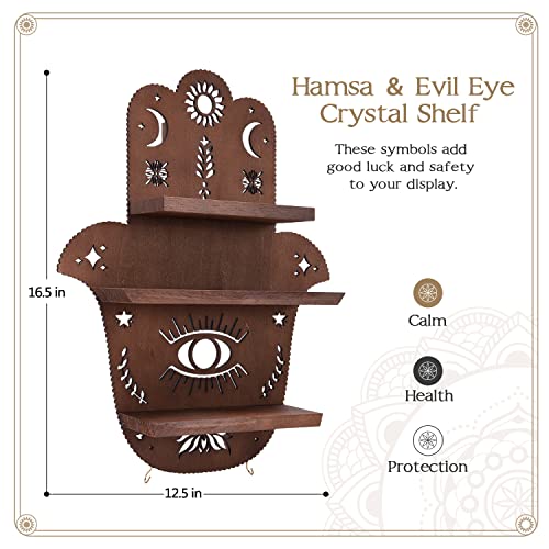 LIFVEAN Hamsa Wall Decor Crystal Display Shelf for Evil Eye Wall Decor, Crystal Holder for Stones Display, Crystal Room Decor for Zen Wall Decor Gift for Witch (16.5 x 12.5 in)