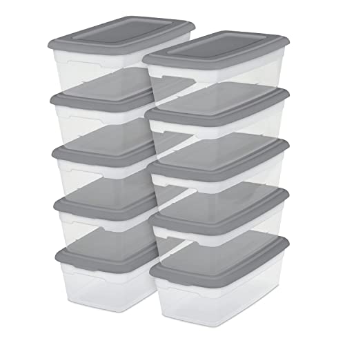 Set of (10) 6 Qt. Clear Plastic Storage Boxes with Gray Lids