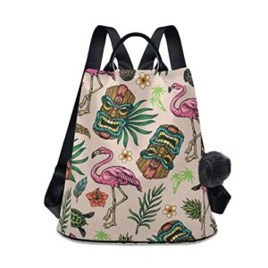 flamingo tiki women backpack, fashion anti theft school travel casual backpacks purse 15 inch full print aesthetic with fuzz ball key chain
