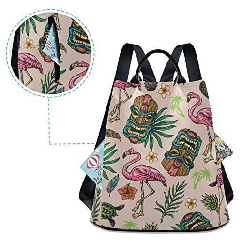 Flamingo Tiki Women Backpack, Fashion Anti Theft School Travel Casual Backpacks Purse 15 inch Full print Aesthetic with Fuzz Ball Key Chain