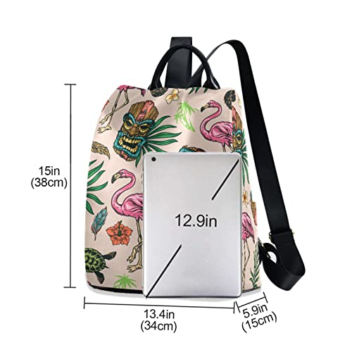 Flamingo Tiki Women Backpack, Fashion Anti Theft School Travel Casual Backpacks Purse 15 inch Full print Aesthetic with Fuzz Ball Key Chain