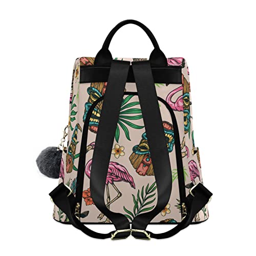 Flamingo Tiki Women Backpack, Fashion Anti Theft School Travel Casual Backpacks Purse 15 inch Full print Aesthetic with Fuzz Ball Key Chain