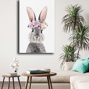 Canvas Painting Posters and Print Bunny Print Nursery Rabbit Bunny Portrait Easter Bunny Wall Art Bunny With Flower Crown Bunny Art Bunny With Flowers Kitchen Dining Room Wall Decor 16x24inch-without Frame