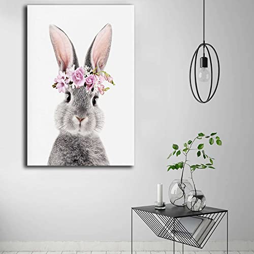 Canvas Painting Posters and Print Bunny Print Nursery Rabbit Bunny Portrait Easter Bunny Wall Art Bunny With Flower Crown Bunny Art Bunny With Flowers Kitchen Dining Room Wall Decor 16x24inch-without Frame