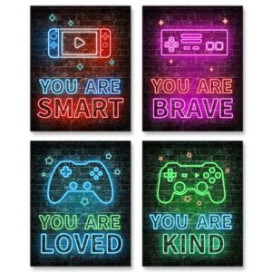 neon video game decor set of 4(8″x10″), boys room decorations for bedroom, encouragement gaming wall art for kids boy playroom home decor, gamer wall art, teen boy bedroom, no frames