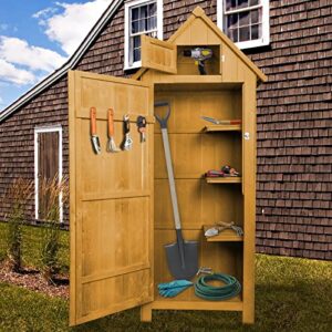 garden storage shed, outdoor wooden tool cabinet organizer, with floor, hooks and asphalt waterproof roof, for home, yard, yellow
