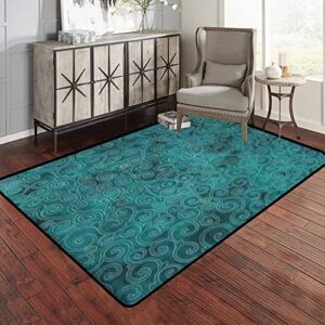 peenoke curve teal colored seamless hand drawn abstract curly contours area rug outdoor patio rug play mat modern floor carpet non-slip home decor living room kids bedroom nursery, 3×5 ft