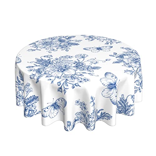 Blue Butterfly Floral Round Tablecloth 60 Inch Farmhouse Rustic Tablecloth Spring Summer Table Cloth, Flower Outdoor and Indoor Table Cover for Home Party Kitchen Picnic Mothers Day Table Cloth Gift