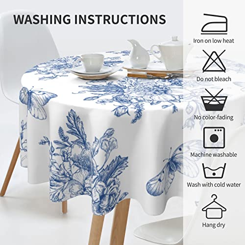 Blue Butterfly Floral Round Tablecloth 60 Inch Farmhouse Rustic Tablecloth Spring Summer Table Cloth, Flower Outdoor and Indoor Table Cover for Home Party Kitchen Picnic Mothers Day Table Cloth Gift