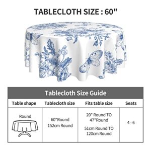 Blue Butterfly Floral Round Tablecloth 60 Inch Farmhouse Rustic Tablecloth Spring Summer Table Cloth, Flower Outdoor and Indoor Table Cover for Home Party Kitchen Picnic Mothers Day Table Cloth Gift